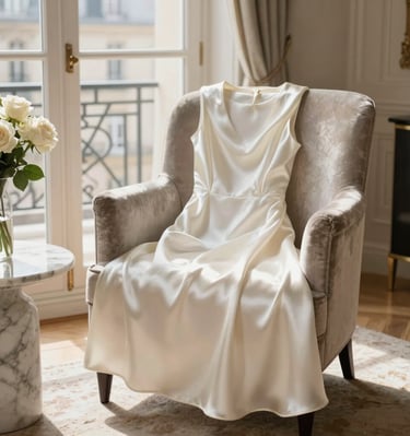 Elegant woman in ivory silk dress Velune Paris luxury fashion