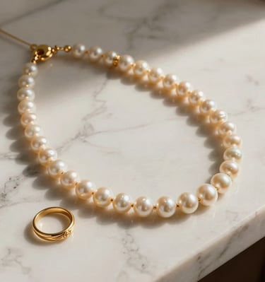 Pearl necklace and gold rings on white marble Velune Paris jewelry