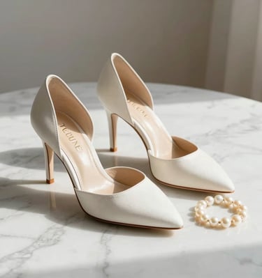 Ivory heels on marble with pearl bracelet Velune Paris footwear