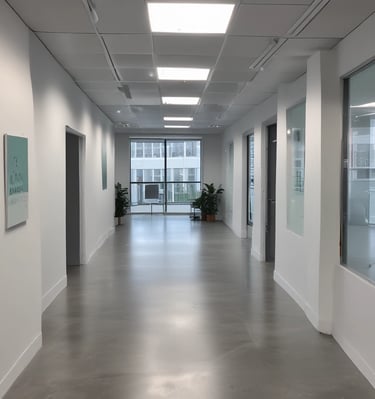 Professional cleaning team member wiping down a glass partition in a sleek office.