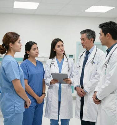 A diverse group of doctors and nurses in scrubs and lab coats meeting in a clinical hospital setting.