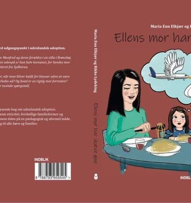 Illustrated book cover for Ellens mor har skæve øjne showing a family eating noodles at a table.