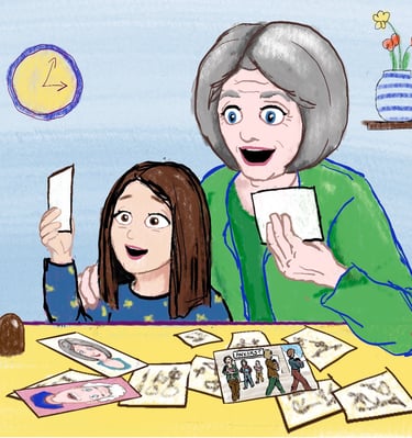 A grandmother and granddaughter smiling while looking at old family photos together.