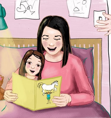 Mother and daughter reading a bedtime storybook together in bed with a teddy bear.