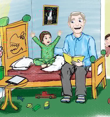 Father reading a bedtime story to an excited toddler in a colorful dinosaur-themed bedroom.