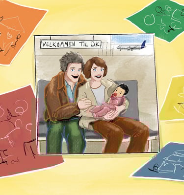 Illustration of a family at the airport holding a newborn baby with a Welcome to DK sign.