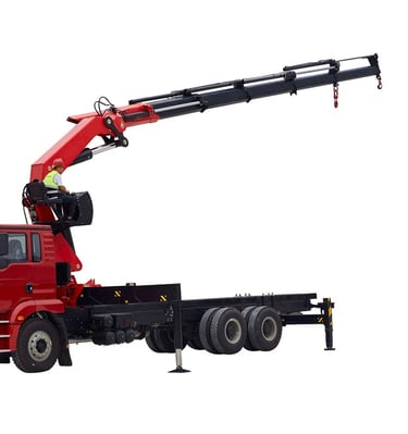 A 20 Ton Knuckle Loader Crane lifting a large truck on a white background.