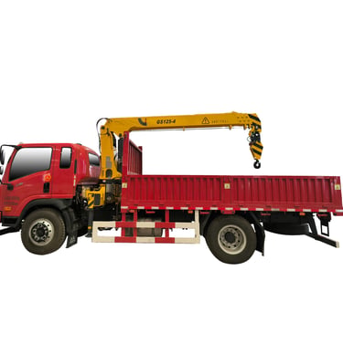 Red truck equipped with 5 ton telescopic crane and 4 section arms.