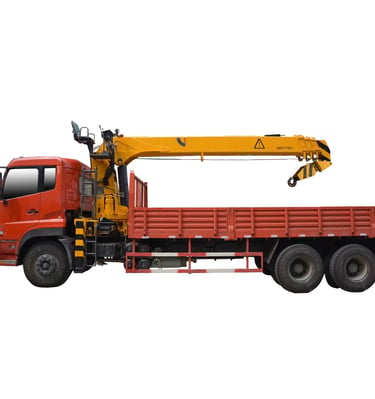  A 10 ton Telescopic Boom Truck Mounted Crane with 4 section arms on a white background.