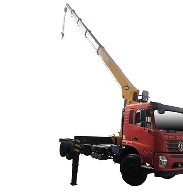 Image of a truck being lifted by a 12-ton Telescopic Boom Truck Mounted Crane with 5 section arms