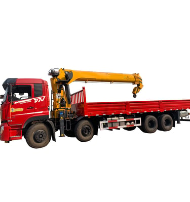 a crane truck is displayed featuring a 14-ton telescopic boom, 5 section arms, and a U-style boom.