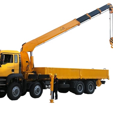 A crane hoists a 16-ton truck using a telescopic boom truck mounted crane with 5 section arms on a white background.