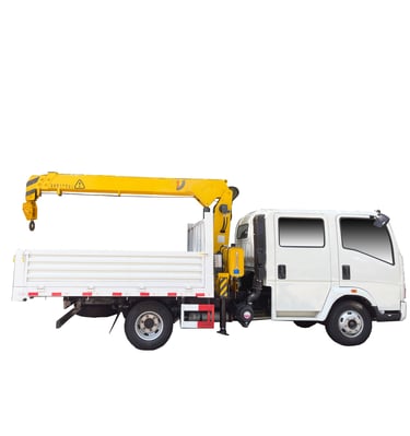  A white truck featuring a 2.1 ton telescopic crane mounted on top for heavy lifting purposes.