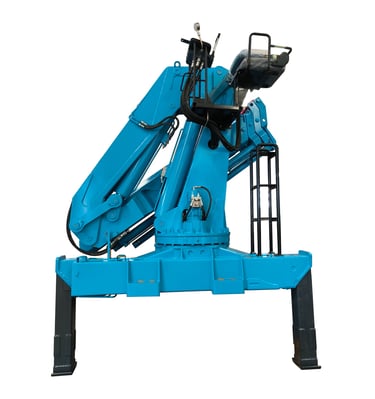 A blue hydraulic crane on a white background. 8 Ton Knuckle lorry mounted crane, designed with the latest analysis and techno