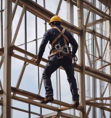 A close-up of a protective gas mask with straps and a transparent visor placed on top of a reflective metallic surface, next to a bright yellow safety helmet with a face shield attached.