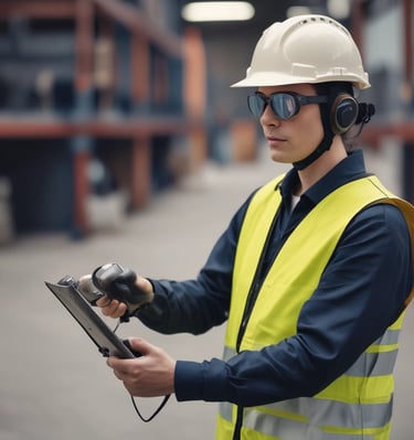 A person wearing a bright red industrial jacket with reflective stripes and a white safety helmet. They are holding a book titled 'Occupational Safety and Health Act' against a plain blue background. The person is smiling and the jacket has a logo on the chest.