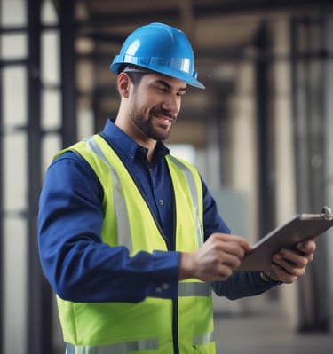 A person wearing protective gear, including a white coverall and a respirator mask, appears to be focused and working in a potentially hazardous environment. The setting suggests a professional or industrial context.