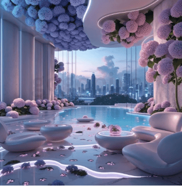AI serene futuristic sky lounge infused with hydrangea design.