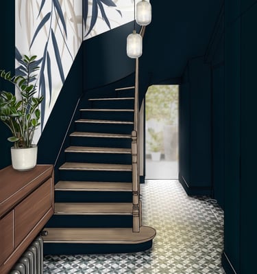 Décoration d'une cage d'escalier avec un papier peint fleuri bleu 