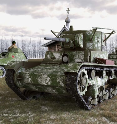 "Soviet Red Army T-26 tanks and a BA-64 armored car of the 3rd Guards Army, Winter Spring 1943.