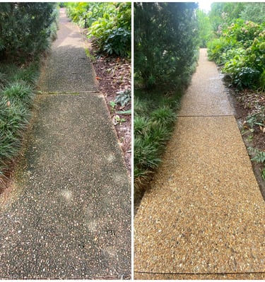 Before and after pressure washing a dirty pebble stone garden walkway path.