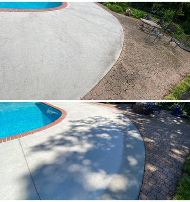 Before and after pressure washing showing clean concrete pool deck and brick pavers.