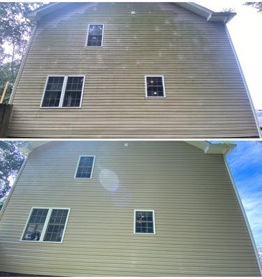 Before and after soft wash house pressure washing service on tan vinyl siding.