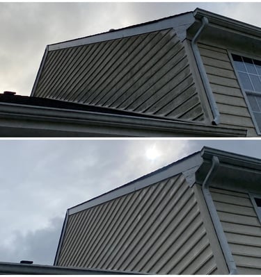 Before and after comparison of professional house washing on dirty vinyl siding with algae buildup.