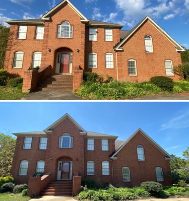 Before and after comparison of a large two-story red brick house exterior with a professional soft wash cleaning.