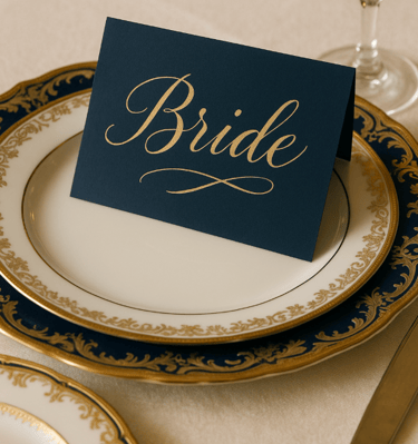 gold ink bride place setting on navy paper