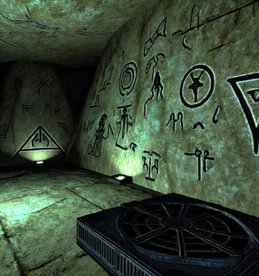  A dark, eerie cavern deep within Agartha, with glowing alien symbols carved into the stone walls an