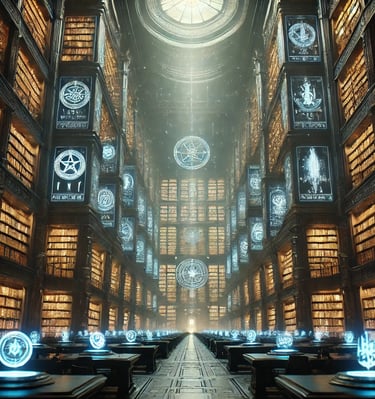 A grand Hall of Records deep within Agartha, filled with towering shelves of glowing ancient records