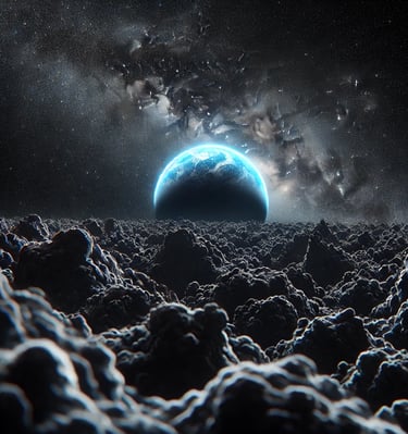 A wide view of black matter in the foreground, dark and dense, with a distant, small, bright blue 