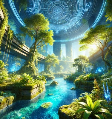 A vibrant image of the ancient underground city of Agartha, focusing on