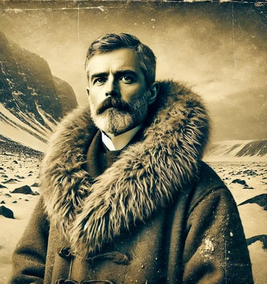  image of an explorer resembling Richard E. Byrd, with the vintage sepia tone and heavy fur-collared
