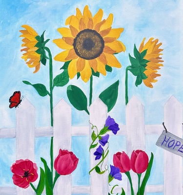 Sunflowers and Tulips around a Fence with a Hopeful Butterfly