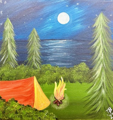 Campsite with Warm Fire Under a Full Moon Painting