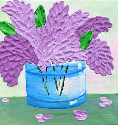 Textured Lilacs in a Water Glass with Fallen Petals