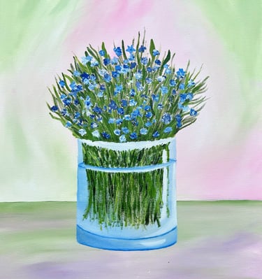 Bundle of Small Blue Flowers in a Vase Painting