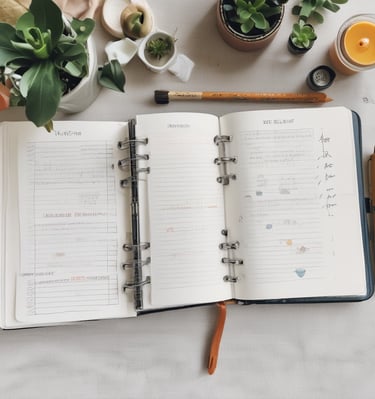 a notebook with a pen and a pencil and a cup of coffee