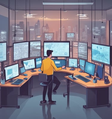 een man in een geel geel shirt achter een bureau met meerdere monitoren