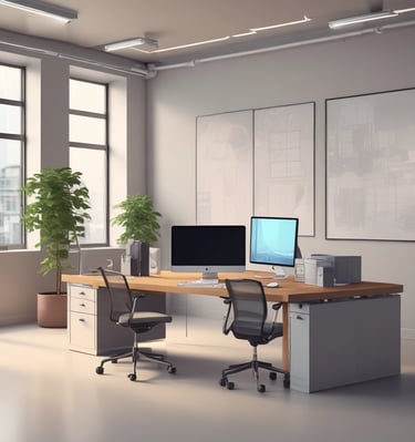 een bureau met een stoel en computer als moderne werkplek