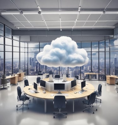 een cloud zwevend in de lucht boven een kantoor met werkplekken