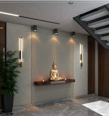 This contemporary foyer creates a serene and welcoming impression through minimalist detailing