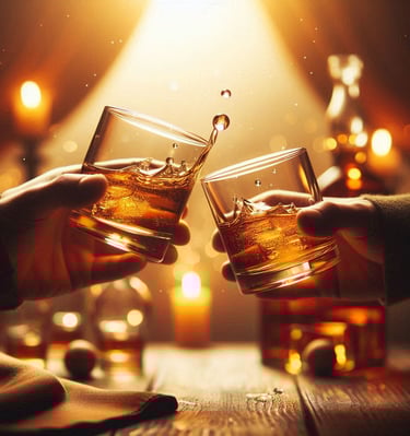 Two glasses of whisky tapping together in a toast