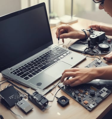 A storefront with large glass windows and multiple signs displaying 'revendo'. Inside, there are visible chairs, plants, and shelves. A poster on the window features the words 'Sell. Repair. Buy.' along with an image of a hand interacting with an electronic device.