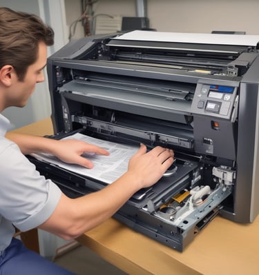 A sign for 'Shallom Komputer' is displayed prominently on the facade of a building, surrounded by lush green trees. The sign offers information about services related to hardware, software, networking, and accessories. The building features several rectangular windows and air conditioning units.