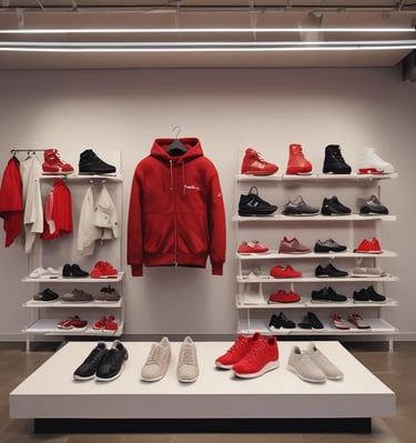 A storefront display featuring an arrangement of  on  and racks. A mannequin is dressed in a light-colored hoodie and sweatpants, surrounded by folded and hanging clothes. The background consists of a plain-textured wall with signage promoting sustainably sourced cotton. The silhouette of a person in a hat is visible in the foreground.