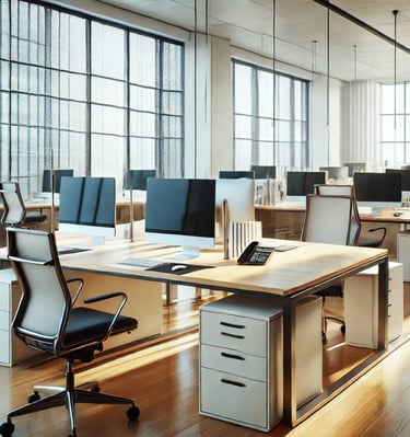 Espace de bureau propre avec bureaux polis, écrans d'ordinateur impeccables, et chaises bien rangées
