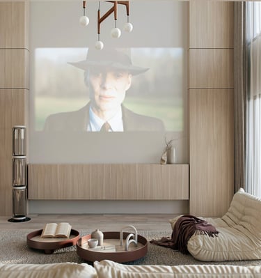 salon en tonos neutros y madera con proyector